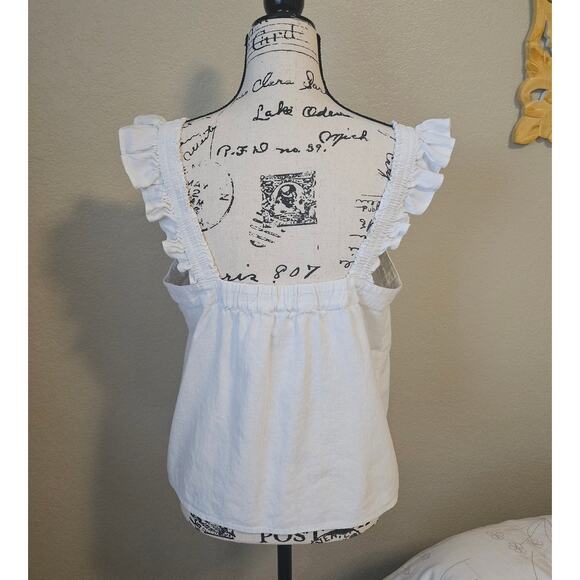 j.Crew white linen shirt, ruffle cap sleeve, tortoise shell button detail, Large - Picture 2 of 6